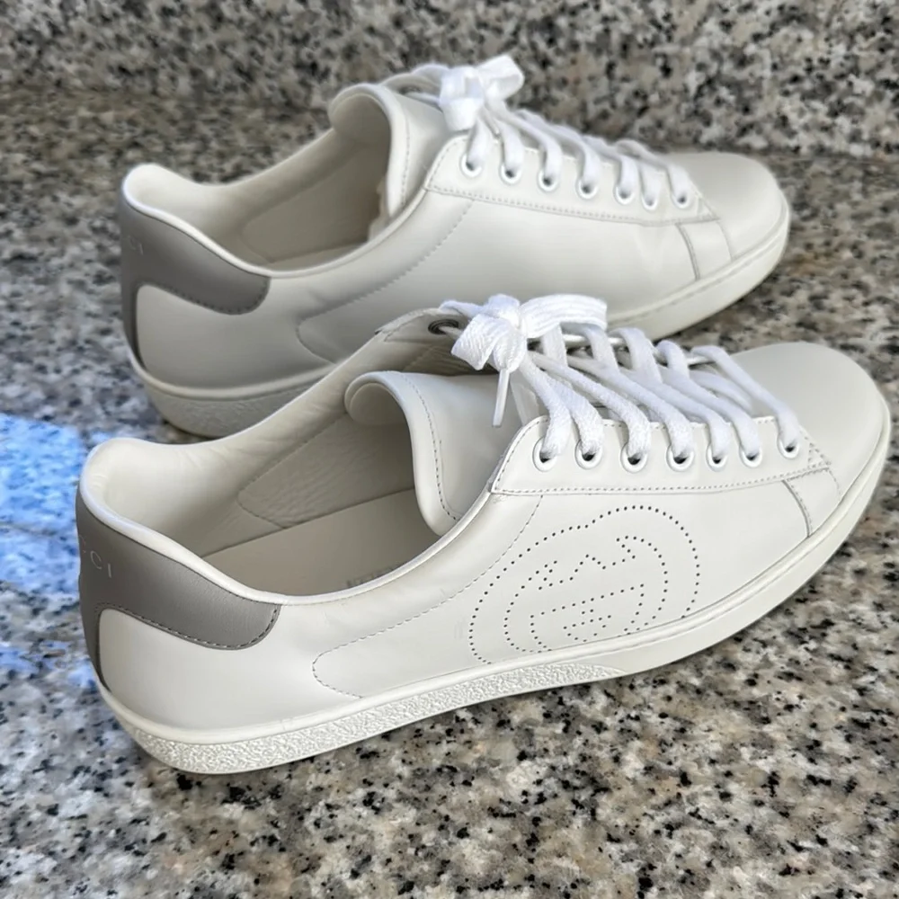 Gucci White Leather Sneakers with Silver Heel Tab